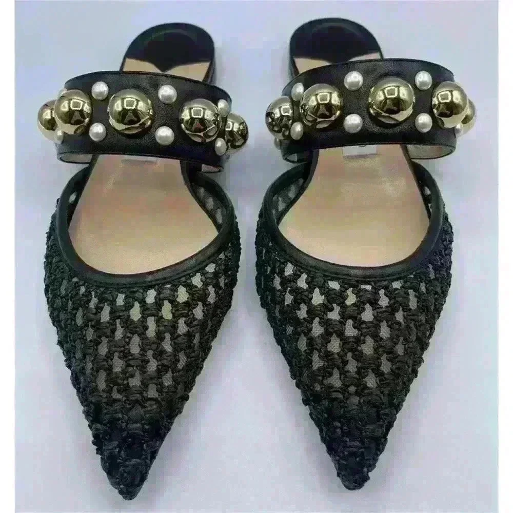 Jimmy Choo Black Basette Raffia Pearl Embellished Flat Mules Size 37.5 - Picture 4 of 8